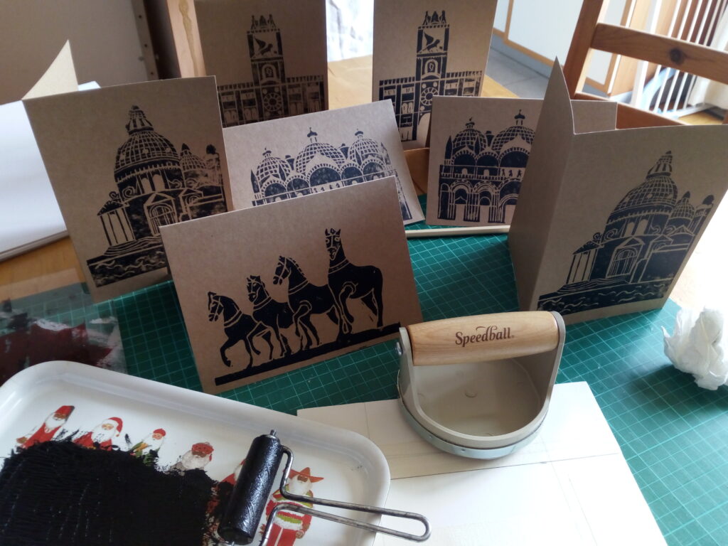 Lino print greetings cards available for purchase