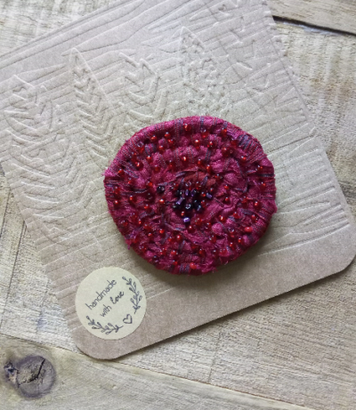 Hand coiled brooch & earrings made with recycled silk - Image 3